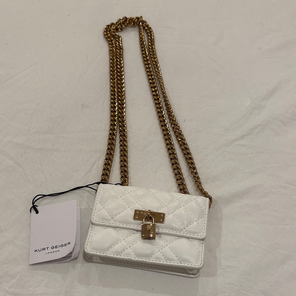 Kurt Geiger White Quilted Mini Crossbody with Gold Chain
